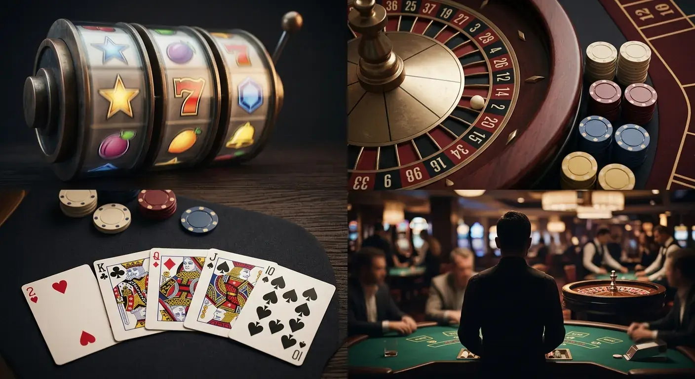 Casino game-library mosaic with slot reels, blackjack cards, a roulette wheel and live-table silhouettes