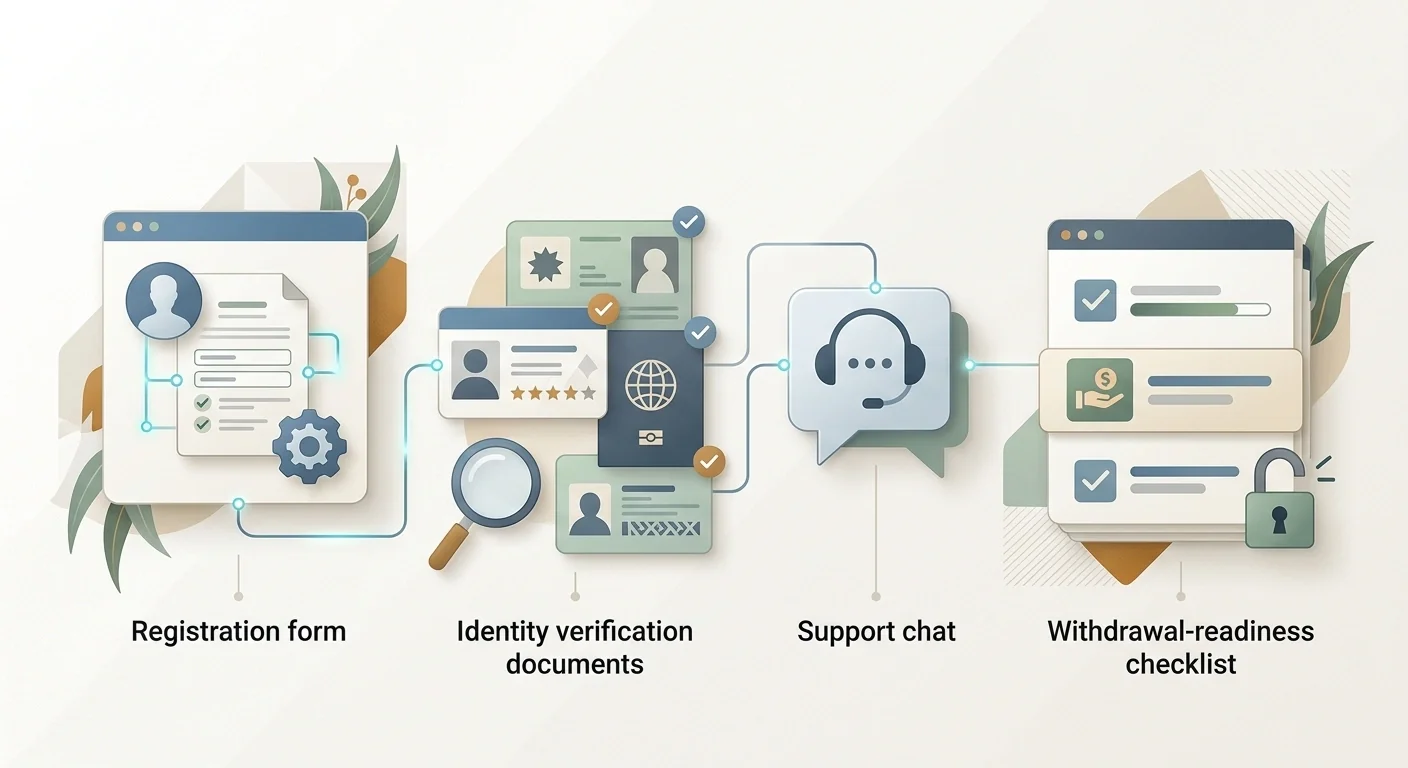 Account checklist showing registration, identity review, support chat and withdrawal readiness stages