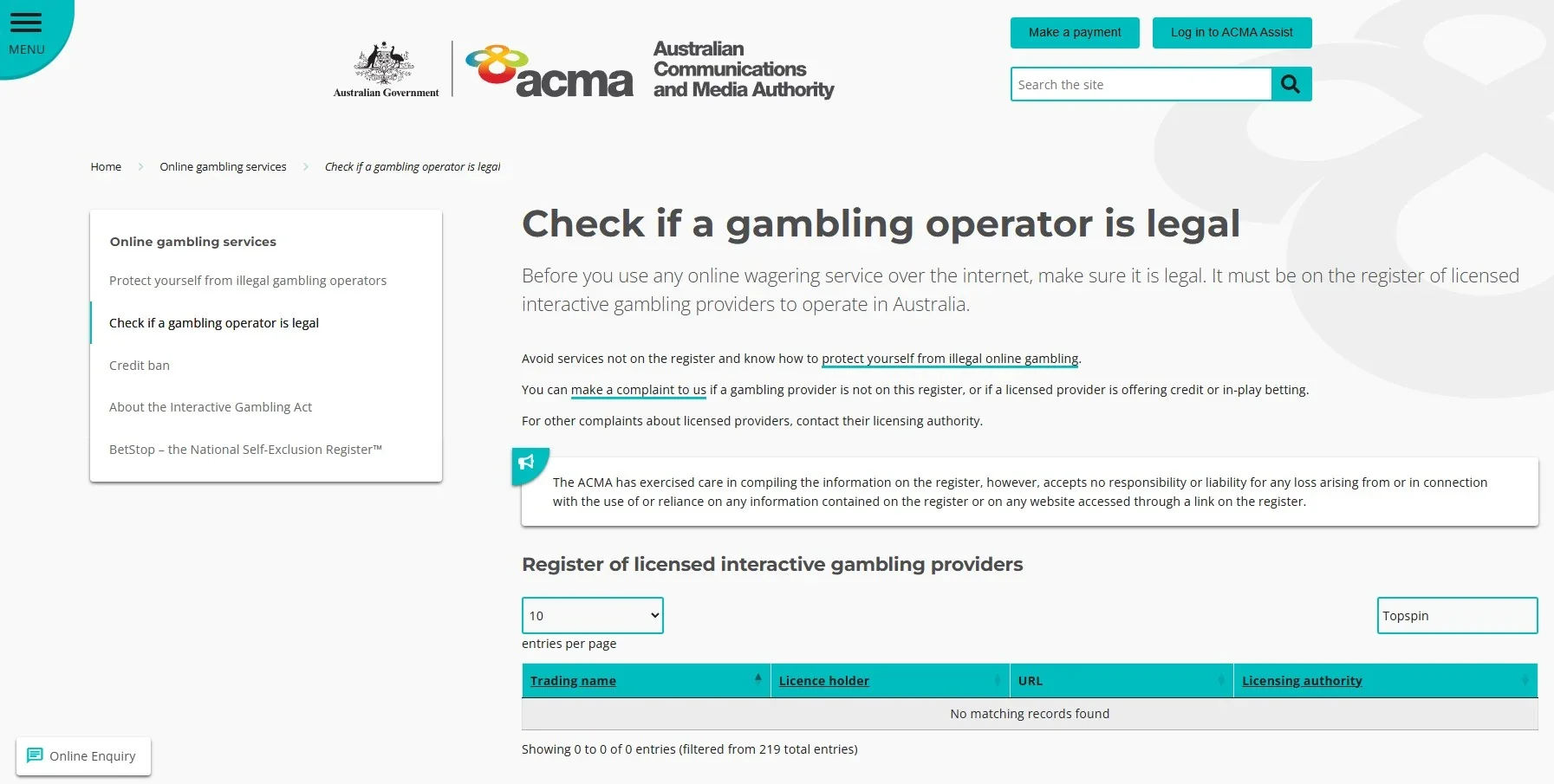 ACMA licensed interactive gambling provider register for checking Australian licence status