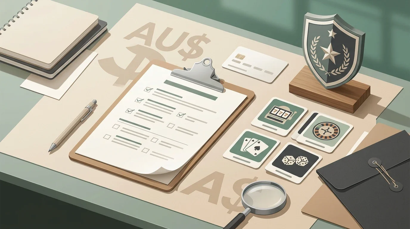 Checklist with Australian payment, casino game and regulation symbols