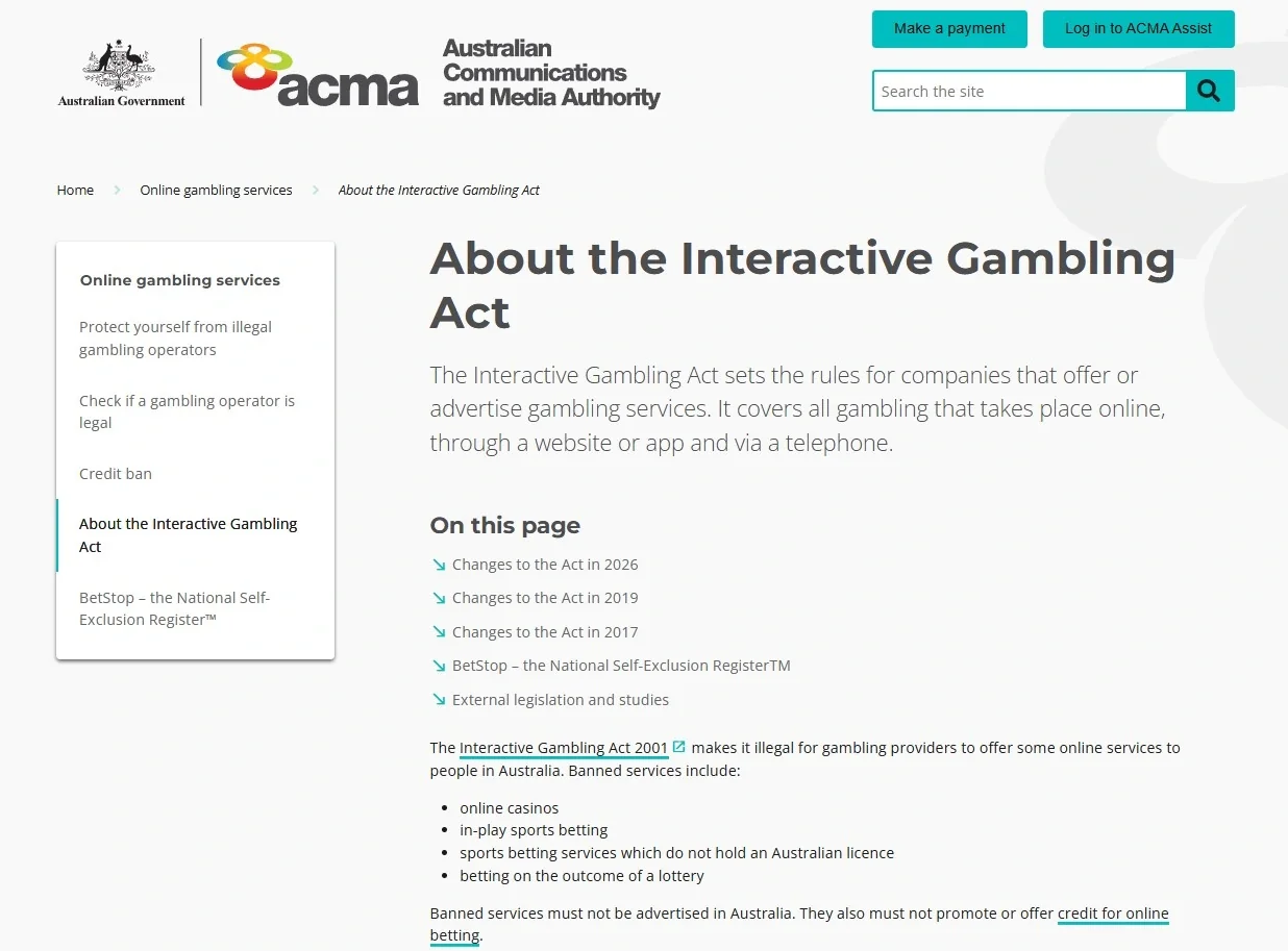 ACMA guidance page explaining the Interactive Gambling Act and prohibited online casino services